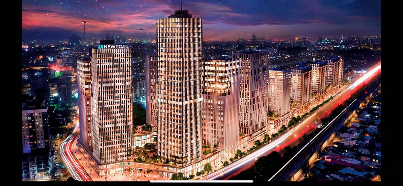 Mixed-use complex night view, Tashkent — 15-building development with ultra-thin porcelain slab facade
