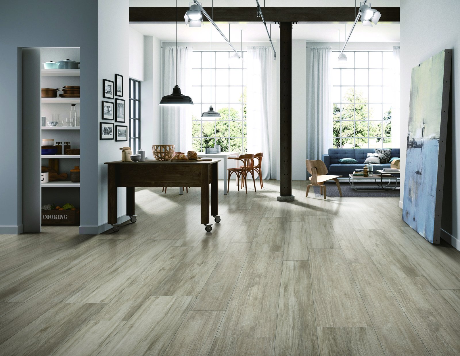 Light wood-look R11 anti-slip porcelain in an open-plan living space